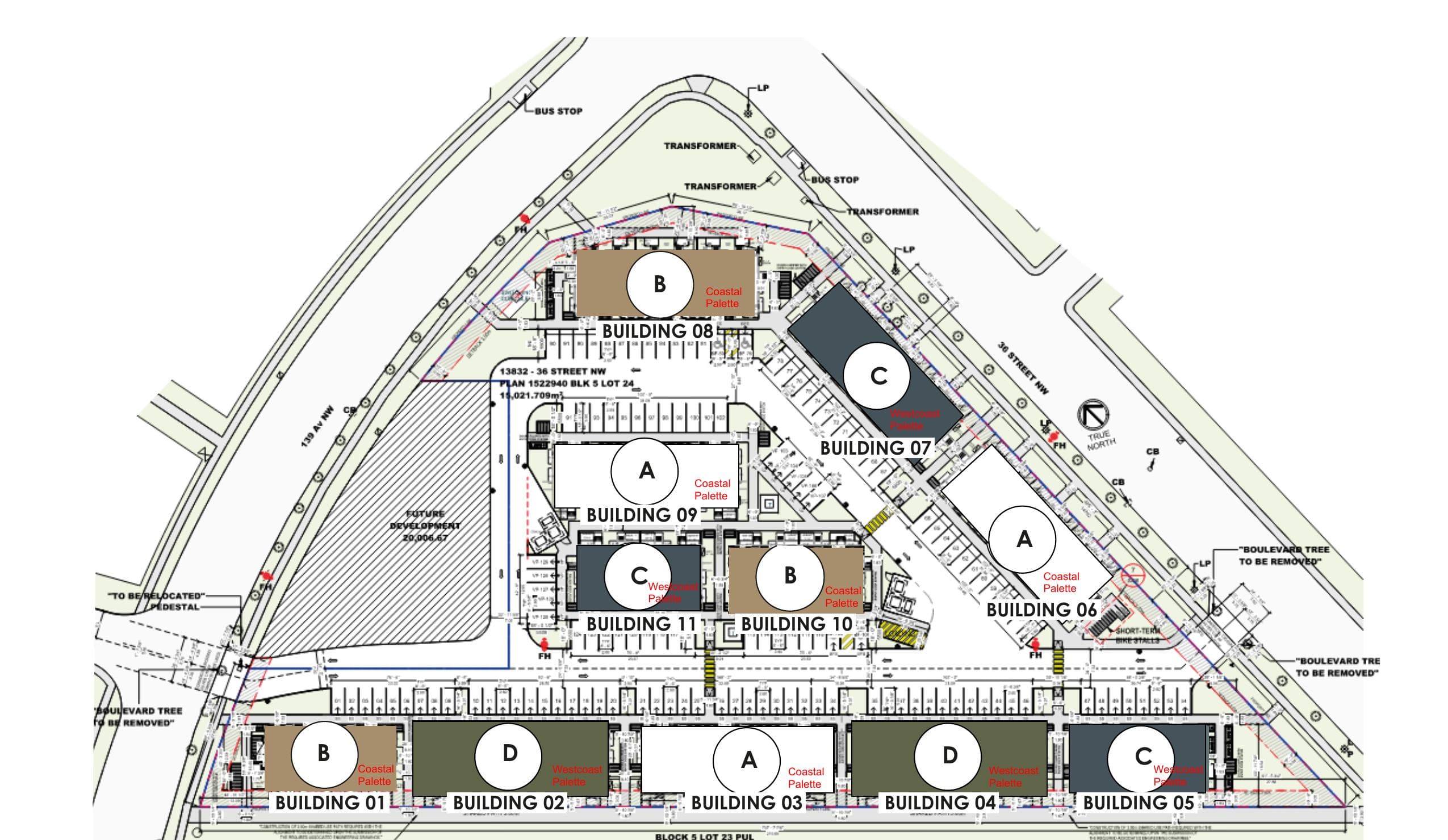 The Stacks at Clareview site plan — 11 buildings colour-coded by schema